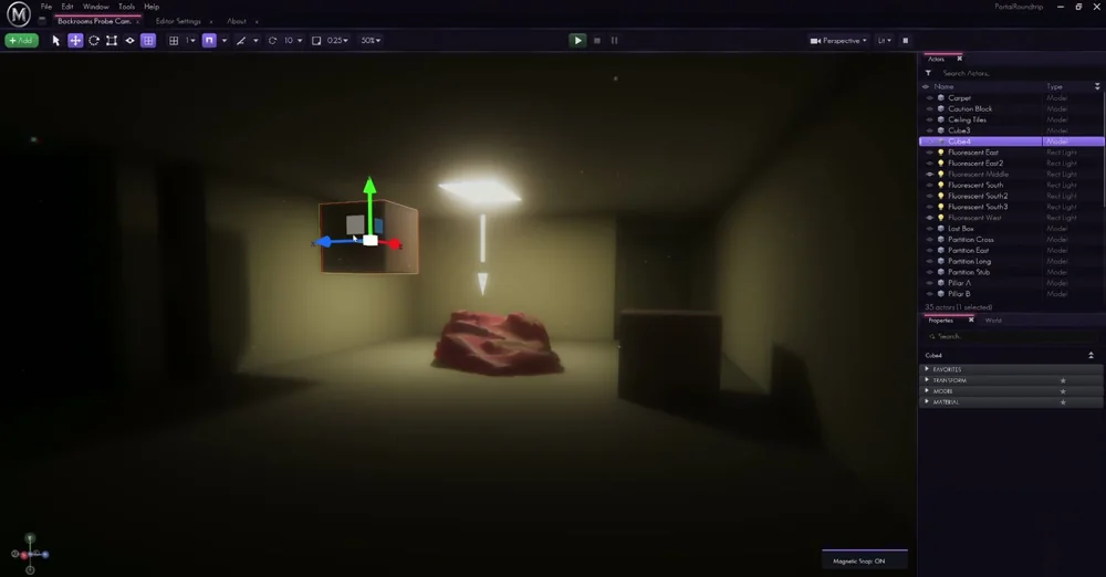 The Multiverse Engine editor with a lit room and the actor list
