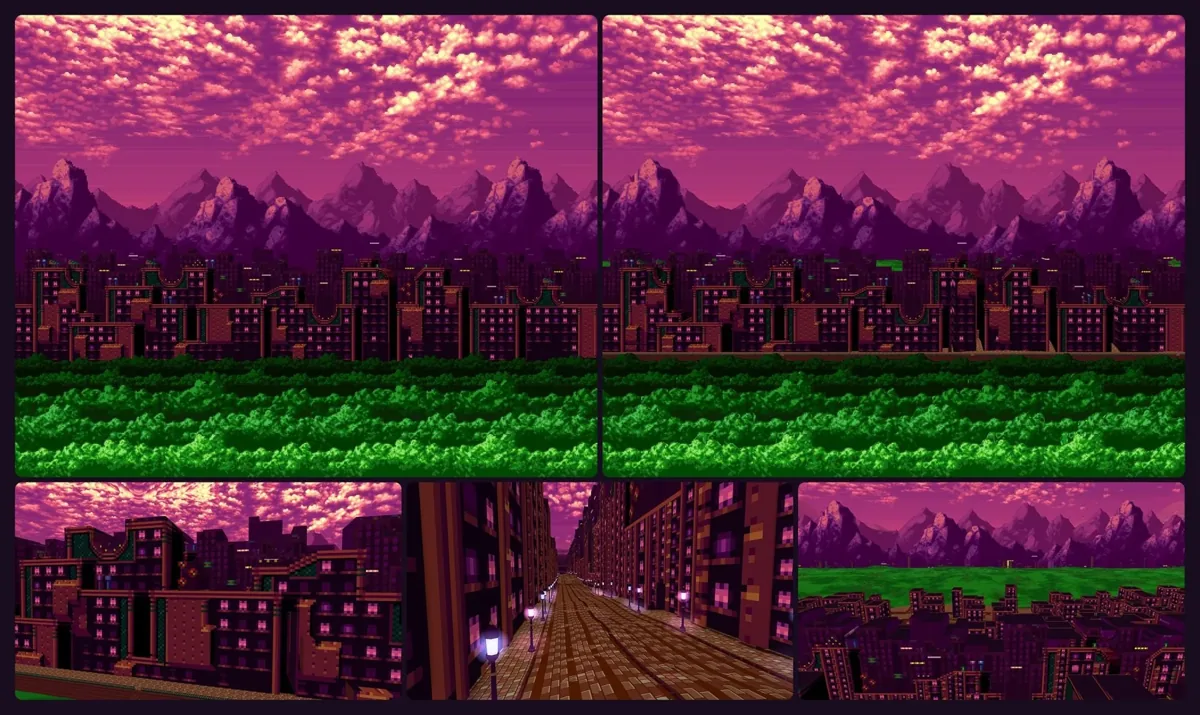 Spring Yard Zone from Sonic the Hedgehog rebuilt in 3D, shown beside the original painted background
