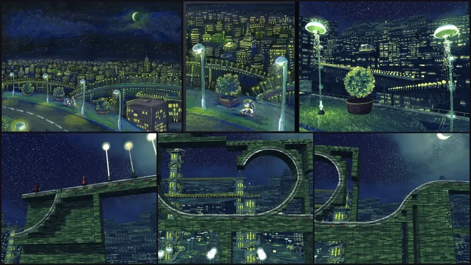 Star Light Zone in 3D at night, lamps glowing over a lit city