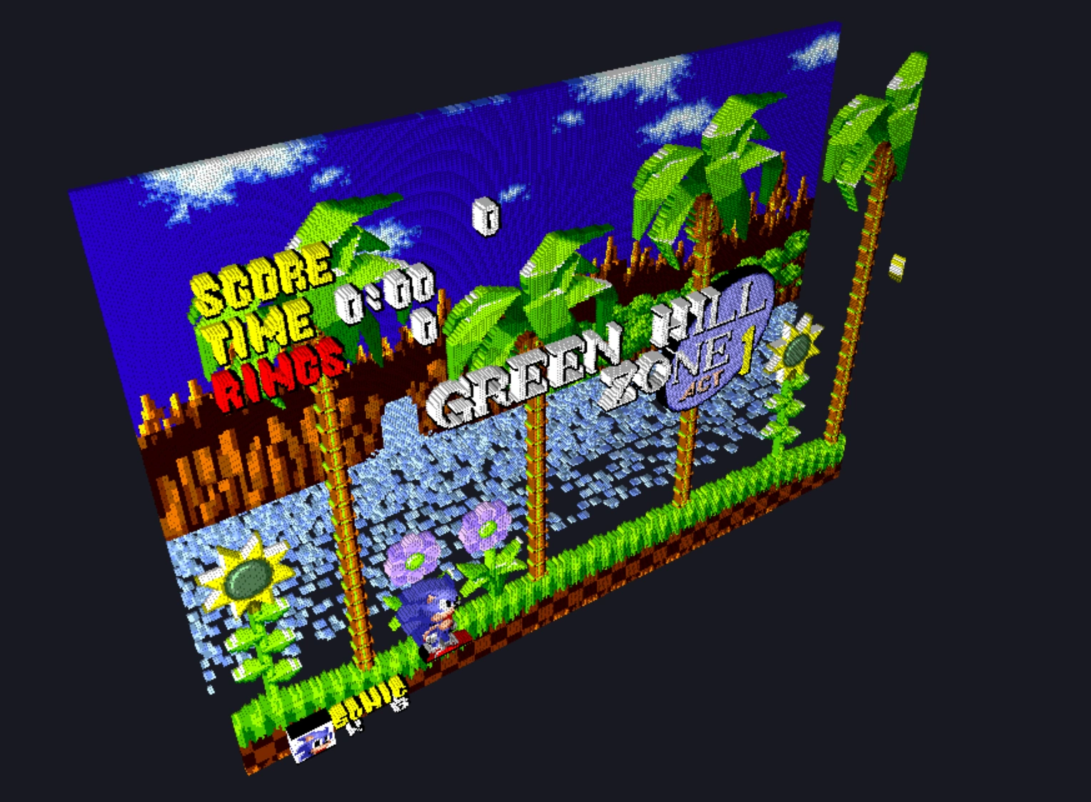 Green Hill Zone from the side — sky, water and terrain standing apart as separate voxel layers